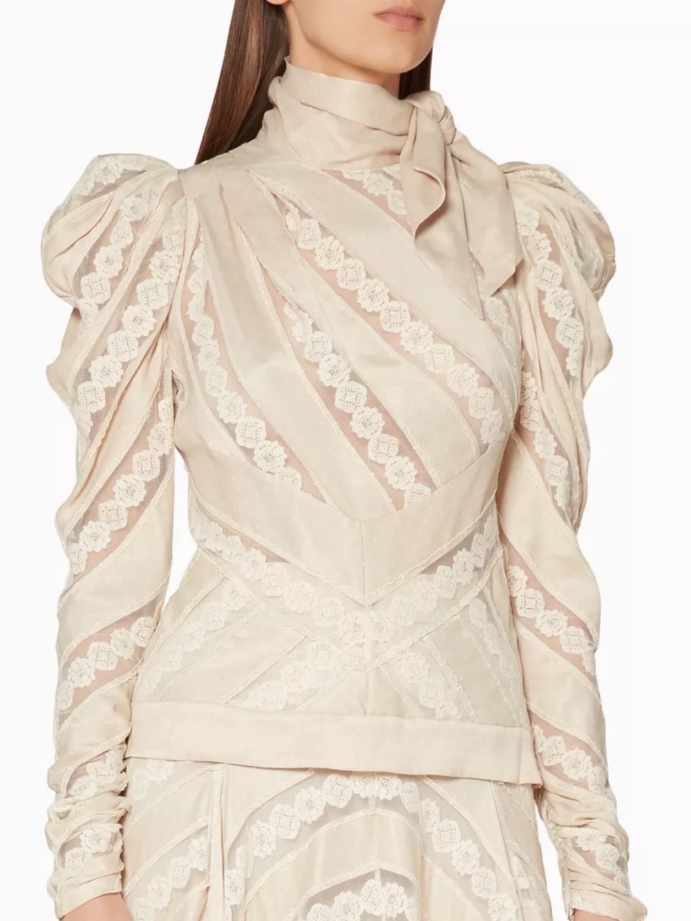 Zimmermann Cream Lace Chevron High-Neck Blouse